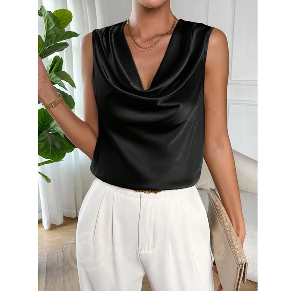 Satin Draped Cowl Neck Sleeveless Blouse Black - Picture 6 of 8